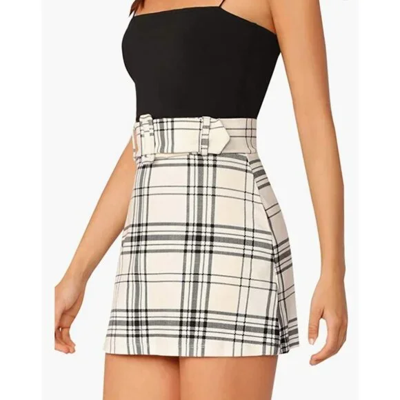 Black Plaid Checker Print Belted High Waist‎ Fitted Pencil Bodycon Mini Skirt - Picture 2 of 6